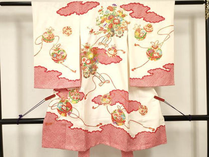 平和屋着物[]お宮参り 女の子 祝着 産着 初着 のしめ 駒刺繍 鞠花車文 金彩 逸品 DABC5516ma