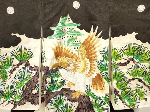 平和屋着物[]お宮参り　男の子　祝着　産着　初着　のしめ　刺繍　鷹　鷲　風景松文　金彩　洗える着物　DABC5517ma