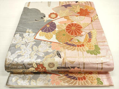 平和屋着物◎六通柄袋帯　唐織　乙女ごころ　地紙花鳥文　金銀糸　正絹　逸品　DABC5533xg