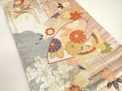 平和屋着物◎六通柄袋帯　唐織　乙女ごころ　地紙花鳥文　金銀糸　正絹　逸品　DABC5533xg