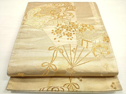 平和屋着物◎六通柄袋帯　扇面御所車花文　金糸　正絹　逸品　DABC5578xg