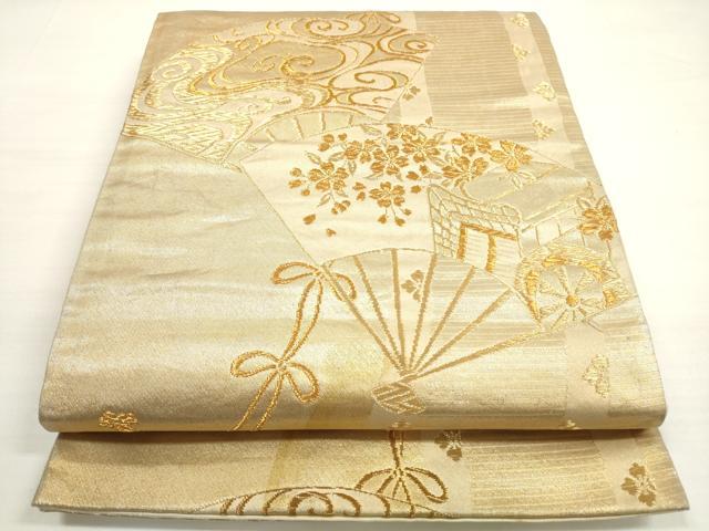 平和屋着物◎六通柄袋帯　扇面御所車花文　金糸　正絹　逸品　DABC5578xg