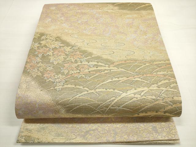 平和屋着物◎六通柄袋帯　流水花文　金糸　正絹　逸品　DABC5591xg