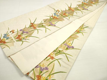 平和屋着物◎六通柄袋帯　唐織　短冊草花文　金銀糸　正絹　逸品　DABC5602xg