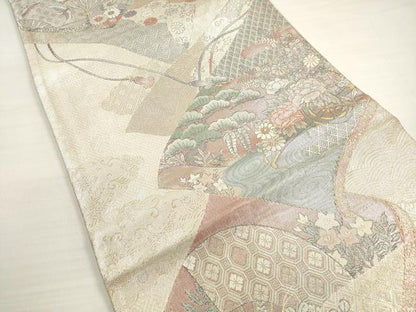 平和屋着物◎佐賀錦　六通柄袋帯　花車文　九百織　金銀糸　正絹　逸品　DABC5603xg