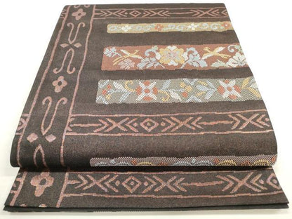 平和屋着物◎六通柄袋帯　横段花鳥文　金糸　正絹　逸品　DABC5604xg