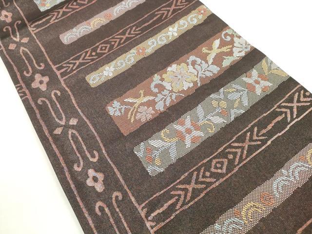 平和屋着物◎六通柄袋帯　横段花鳥文　金糸　正絹　逸品　DABC5604xg