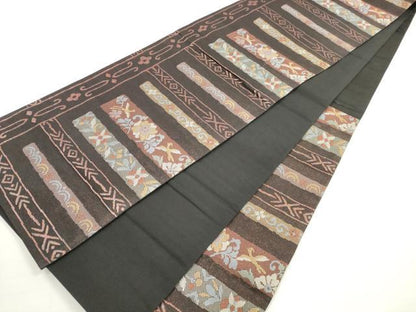 平和屋着物◎六通柄袋帯　横段花鳥文　金糸　正絹　逸品　DABC5604xg
