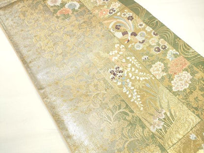 平和屋着物◎六通柄袋帯 唐織 短冊鳳凰更紗花唐草文 金糸 正絹 逸品 DABC5667xg