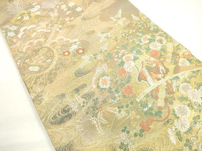 平和屋着物◎六通柄袋帯 唐織 流水草花文 楽器 金糸 正絹 逸品 DABC5688xg