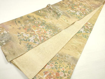 平和屋着物◎六通柄袋帯 唐織 流水草花文 楽器 金糸 正絹 逸品 DABC5688xg