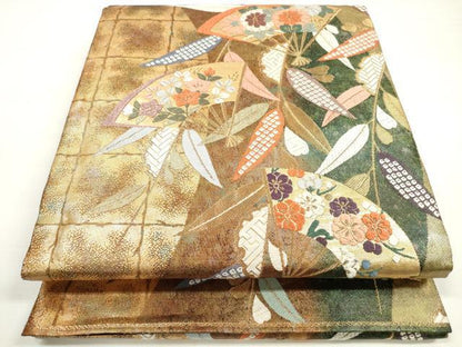 平和屋着物◎六通柄袋帯 唐織 扇面草花紋 金糸 引箔 正絹 逸品 DABC5720xg