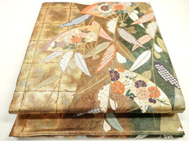 平和屋着物◎六通柄袋帯 唐織 扇面草花紋 金糸 引箔 正絹 逸品 DABC5720xg