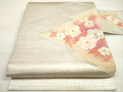平和屋着物◎九寸名古屋帯 総刺繍 駒刺繍 松皮菱草花文 金銀糸 正絹 逸品 DABC5738xg