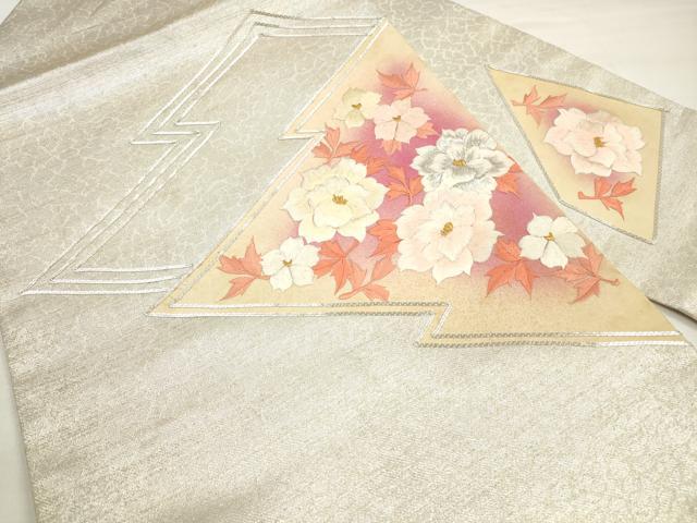 平和屋着物◎九寸名古屋帯 総刺繍 駒刺繍 松皮菱草花文 金銀糸 正絹 逸品 DABC5738xg