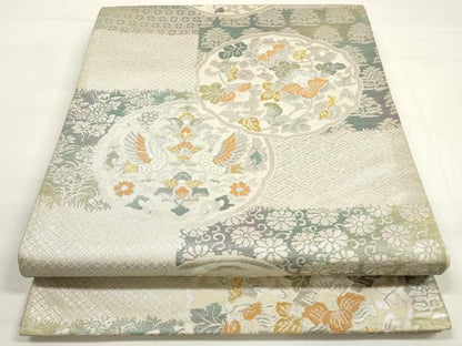 平和屋着物◎六通柄袋帯 唐織 絵皿更紗花鳥文 金銀糸 正絹 逸品 DABC5755xg