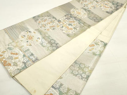 平和屋着物◎六通柄袋帯 唐織 絵皿更紗花鳥文 金銀糸 正絹 逸品 DABC5755xg