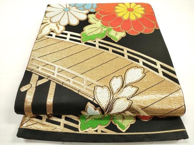 平和屋着物◎六通柄袋帯 唐織 渡橋草花文 黒地 金糸 正絹 逸品 DABC5756xg