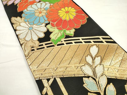平和屋着物◎六通柄袋帯 唐織 渡橋草花文 黒地 金糸 正絹 逸品 DABC5756xg
