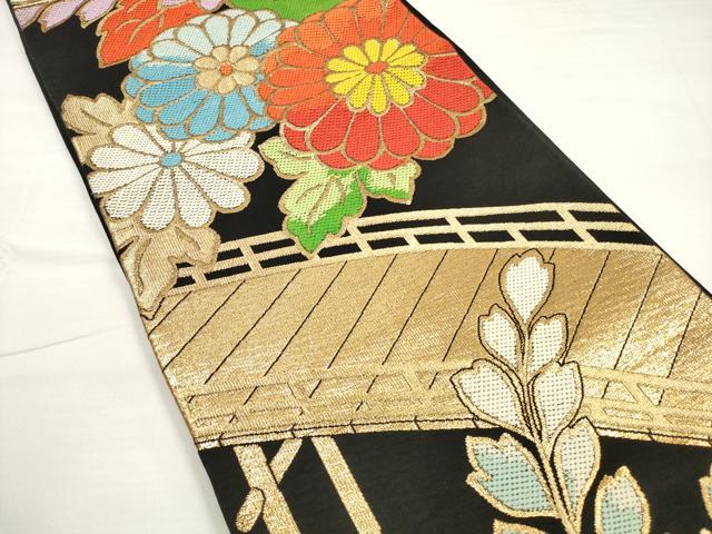 平和屋着物◎六通柄袋帯 唐織 渡橋草花文 黒地 金糸 正絹 逸品 DABC5756xg