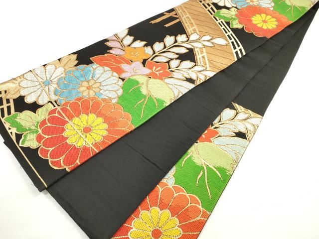 平和屋着物◎六通柄袋帯 唐織 渡橋草花文 黒地 金糸 正絹 逸品 DABC5756xg