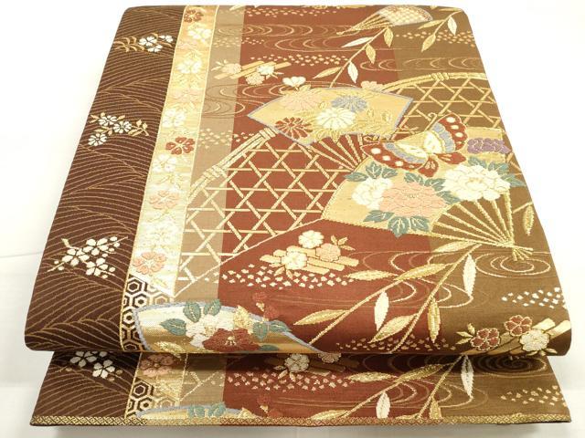 平和屋着物◎六通柄袋帯 唐織 扇面花蝶文 金糸 正絹 逸品 DABC5757xg