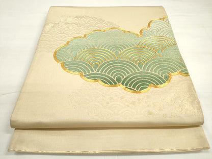 平和屋着物◎太鼓柄袋帯 唐織 駒刺繍 雲取り青海波 金糸 正絹 逸品 DABC5790xg