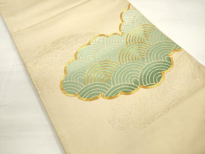 平和屋着物◎太鼓柄袋帯 唐織 駒刺繍 雲取り青海波 金糸 正絹 逸品 DABC5790xg