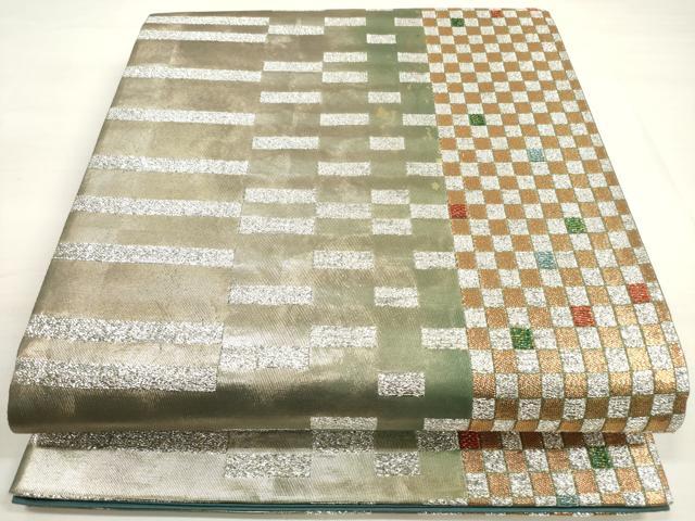 平和屋着物◎六通柄袋帯 格子 金銀糸 引箔 正絹 逸品 DABC5807xg