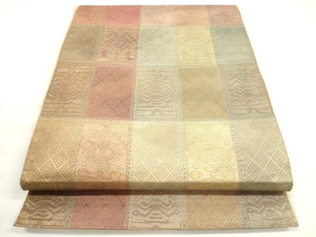 平和屋着物◎全通柄袋帯　市松洋花文　金糸　正絹　逸品　DABC5830xg