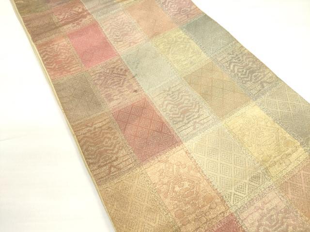 平和屋着物◎全通柄袋帯　市松洋花文　金糸　正絹　逸品　DABC5830xg