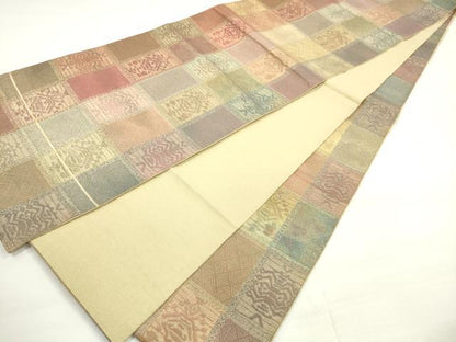平和屋着物◎全通柄袋帯　市松洋花文　金糸　正絹　逸品　DABC5830xg