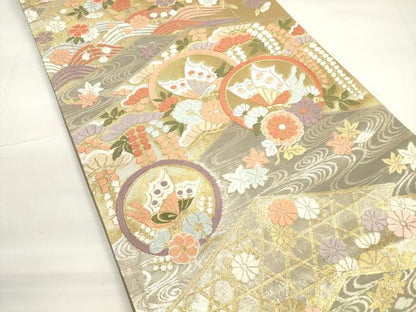 平和屋着物◎六通柄袋帯　唐織　花蝶丸文　金銀糸　正絹　逸品　DABC5843xg