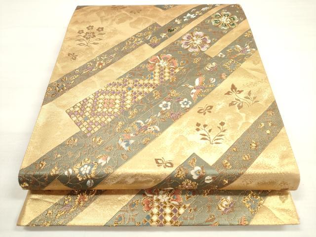 平和屋着物◎六通柄袋帯　唐織　花蝶短冊文　金糸　正絹　逸品　DABC5847xg