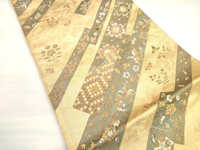 平和屋着物◎六通柄袋帯　唐織　花蝶短冊文　金糸　正絹　逸品　DABC5847xg