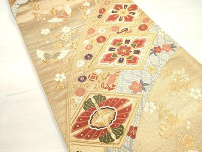 平和屋着物◎六通柄袋帯 唐織 吉祥花菱文 双蝶 金糸 正絹 逸品 DABC5871xg