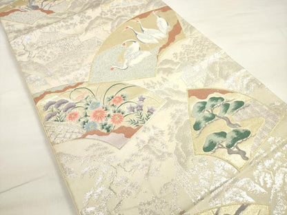 平和屋着物◎六通柄袋帯 唐織 地紙群れ鶴花松文 金銀糸 正絹 逸品 DABC5878xg