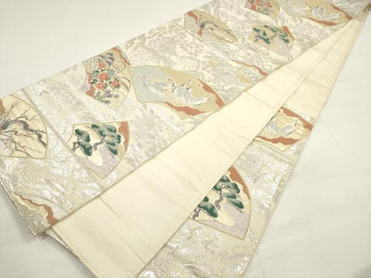 平和屋着物◎六通柄袋帯 唐織 地紙群れ鶴花松文 金銀糸 正絹 逸品 DABC5878xg