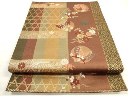平和屋着物◎六通柄袋帯 唐織 花蝶間道 金糸 正絹 逸品 DABC5881xg