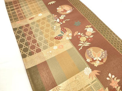 平和屋着物◎六通柄袋帯 唐織 花蝶間道 金糸 正絹 逸品 DABC5881xg