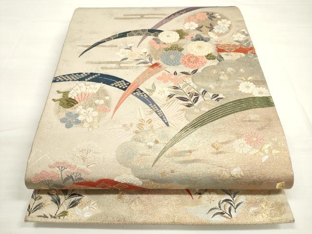 平和屋着物◎六通柄袋帯 唐織 露芝雲流 金銀糸 正絹 逸品 DABC5884xg