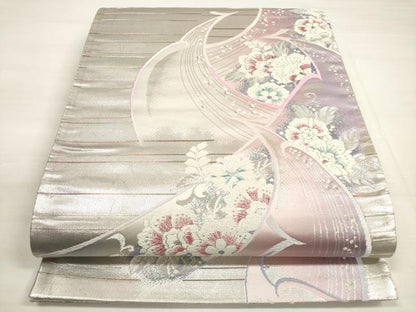 平和屋着物◎六通柄袋帯 唐織 孔雀花文 銀糸 正絹 逸品 DABC5885xg