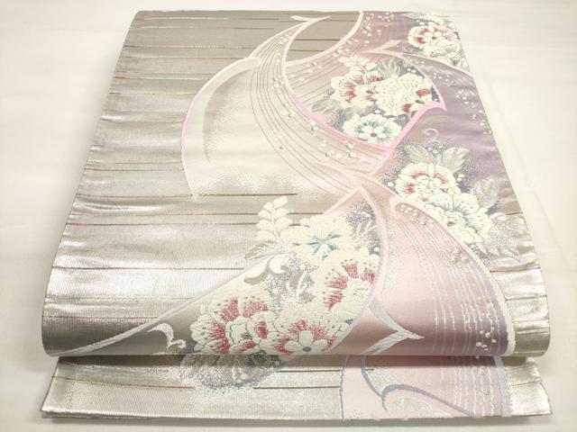 平和屋着物◎六通柄袋帯 唐織 孔雀花文 銀糸 正絹 逸品 DABC5885xg