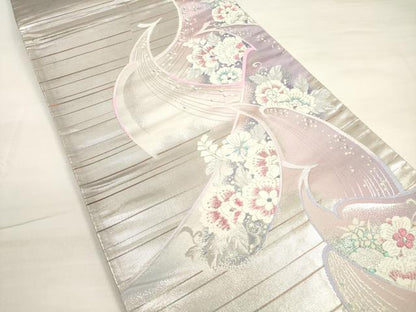 平和屋着物◎六通柄袋帯 唐織 孔雀花文 銀糸 正絹 逸品 DABC5885xg