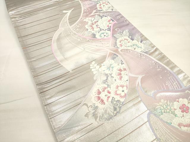 平和屋着物◎六通柄袋帯 唐織 孔雀花文 銀糸 正絹 逸品 DABC5885xg