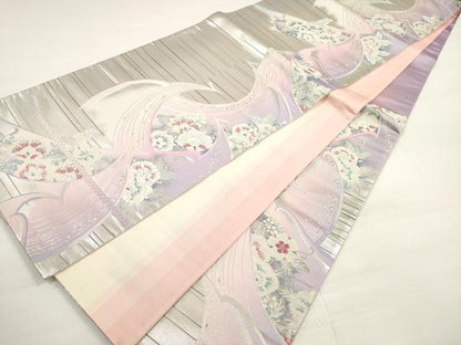 平和屋着物◎六通柄袋帯 唐織 孔雀花文 銀糸 正絹 逸品 DABC5885xg
