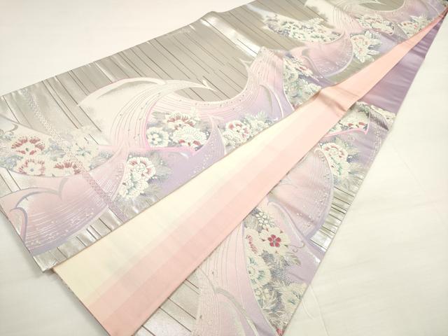 平和屋着物◎六通柄袋帯 唐織 孔雀花文 銀糸 正絹 逸品 DABC5885xg