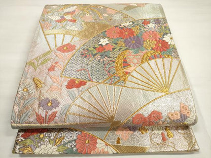 平和屋着物◎六通柄袋帯 唐織 扇面花鳥舞蝶文 金銀糸 正絹 逸品 DABC5886xg