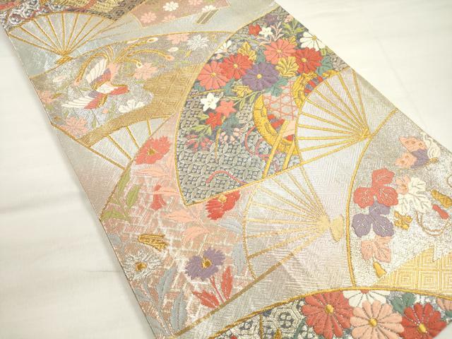 平和屋着物◎六通柄袋帯 唐織 扇面花鳥舞蝶文 金銀糸 正絹 逸品 DABC5886xg