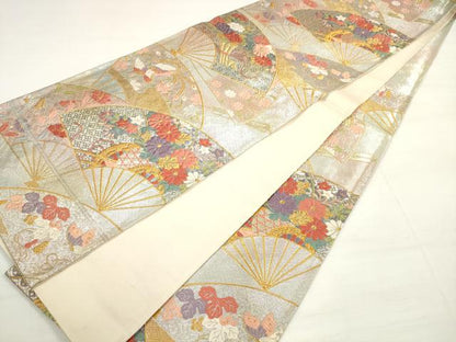 平和屋着物◎六通柄袋帯 唐織 扇面花鳥舞蝶文 金銀糸 正絹 逸品 DABC5886xg